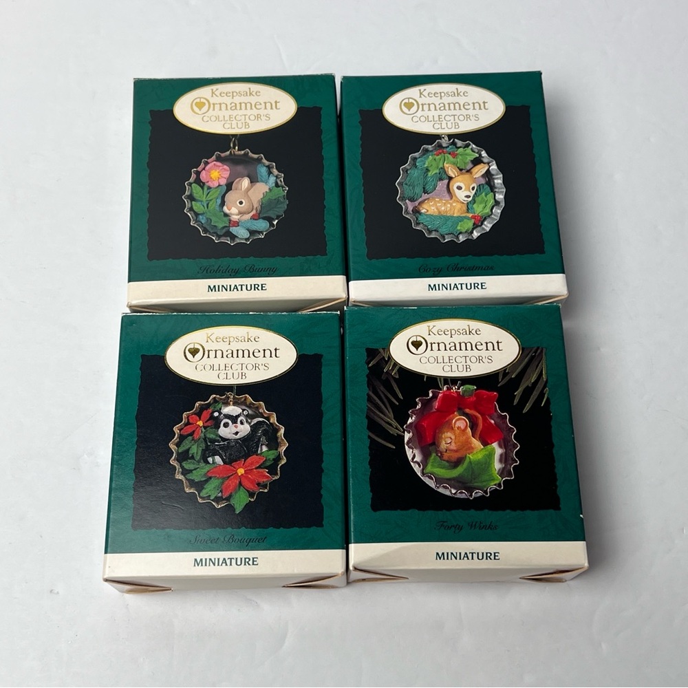 4 Hallmark Keepsake ornaments Collectors club miniature soda cap animals